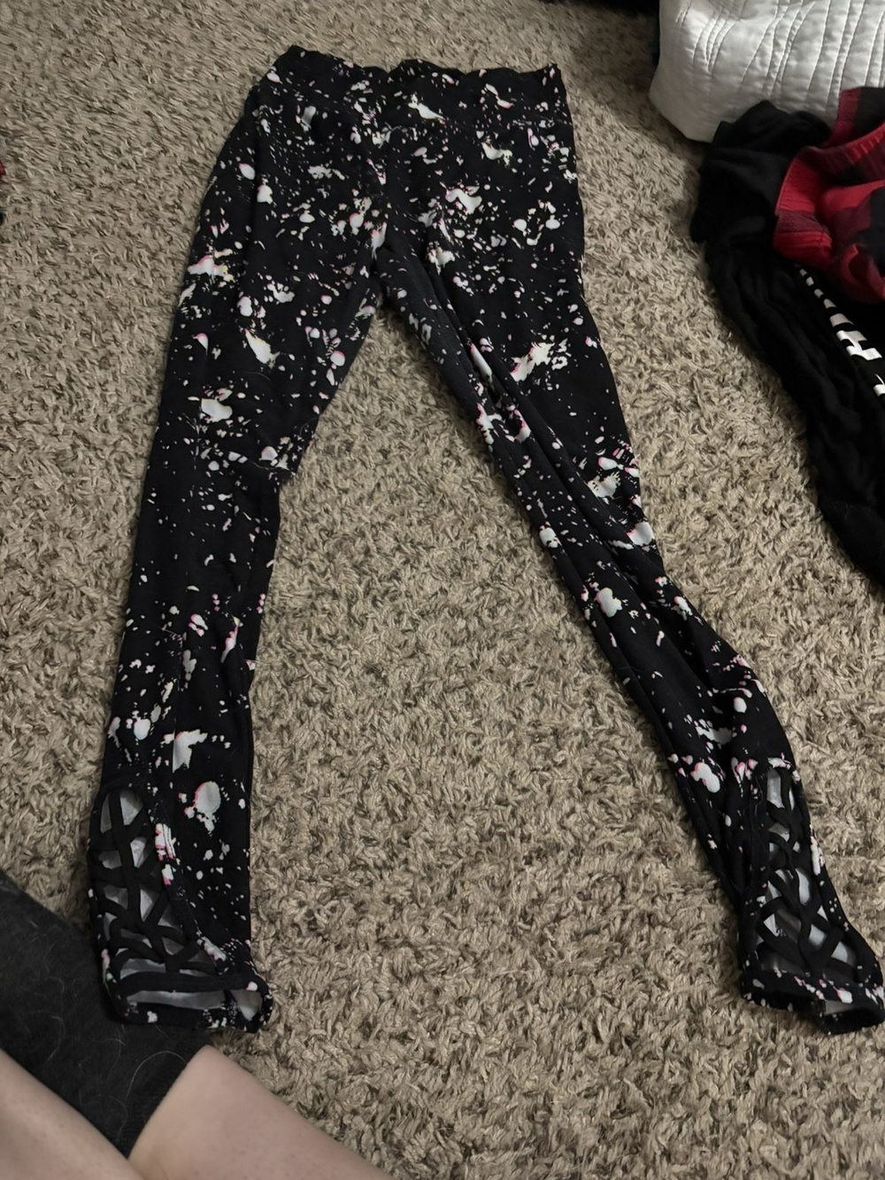 Women's Black Splatter Jeggings with Lattice Ankle Detail